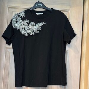 Coastal Bloom Black Tee with Silver Leaf Embellishments